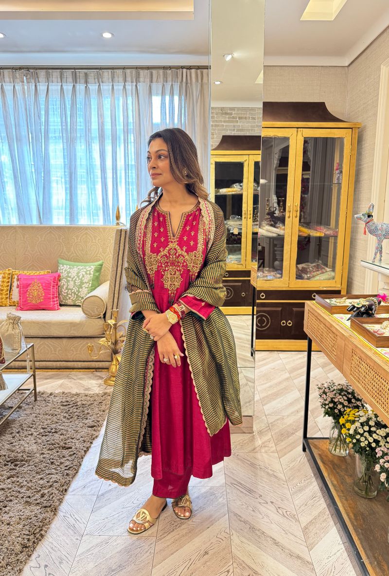 Meghna Nayyar in Rani Pink with Hand-Embroidered Yoke Kurta Set