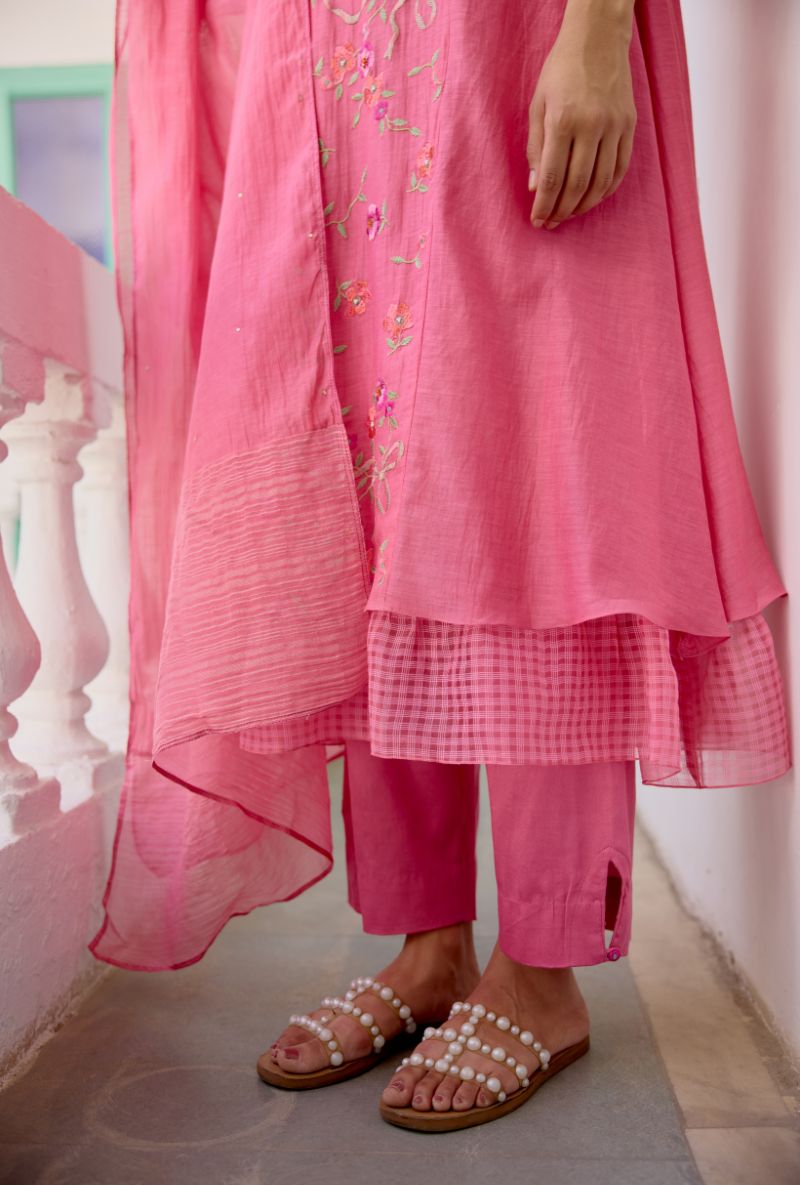 Pink Floral Embroidered &amp; Pintucks Vaidehi Kurta Set