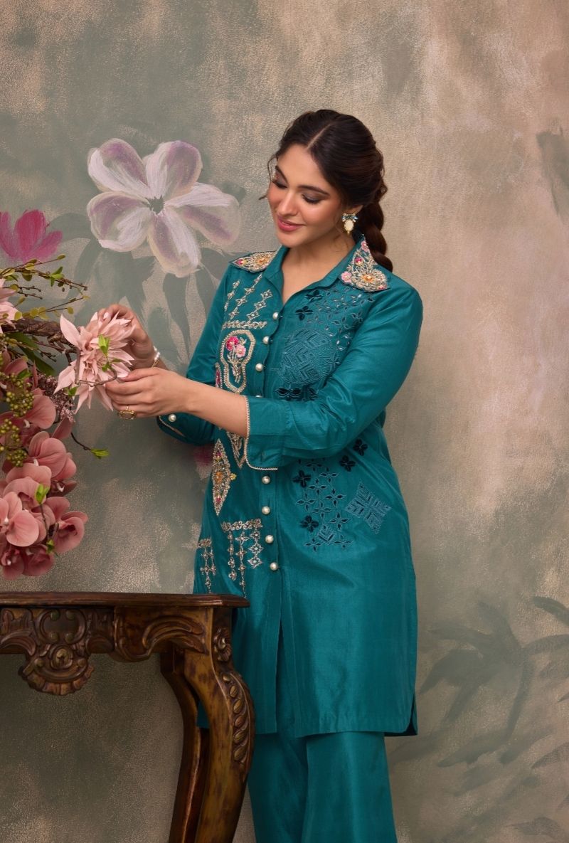 Teal Green Embroidered Side Panel Jalsa Co-Ord Set