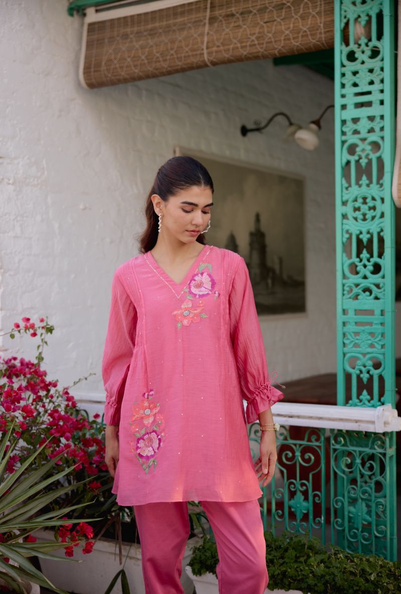 Pink Floral Embroidered With Pintucks Vaidehi Co-ord Set