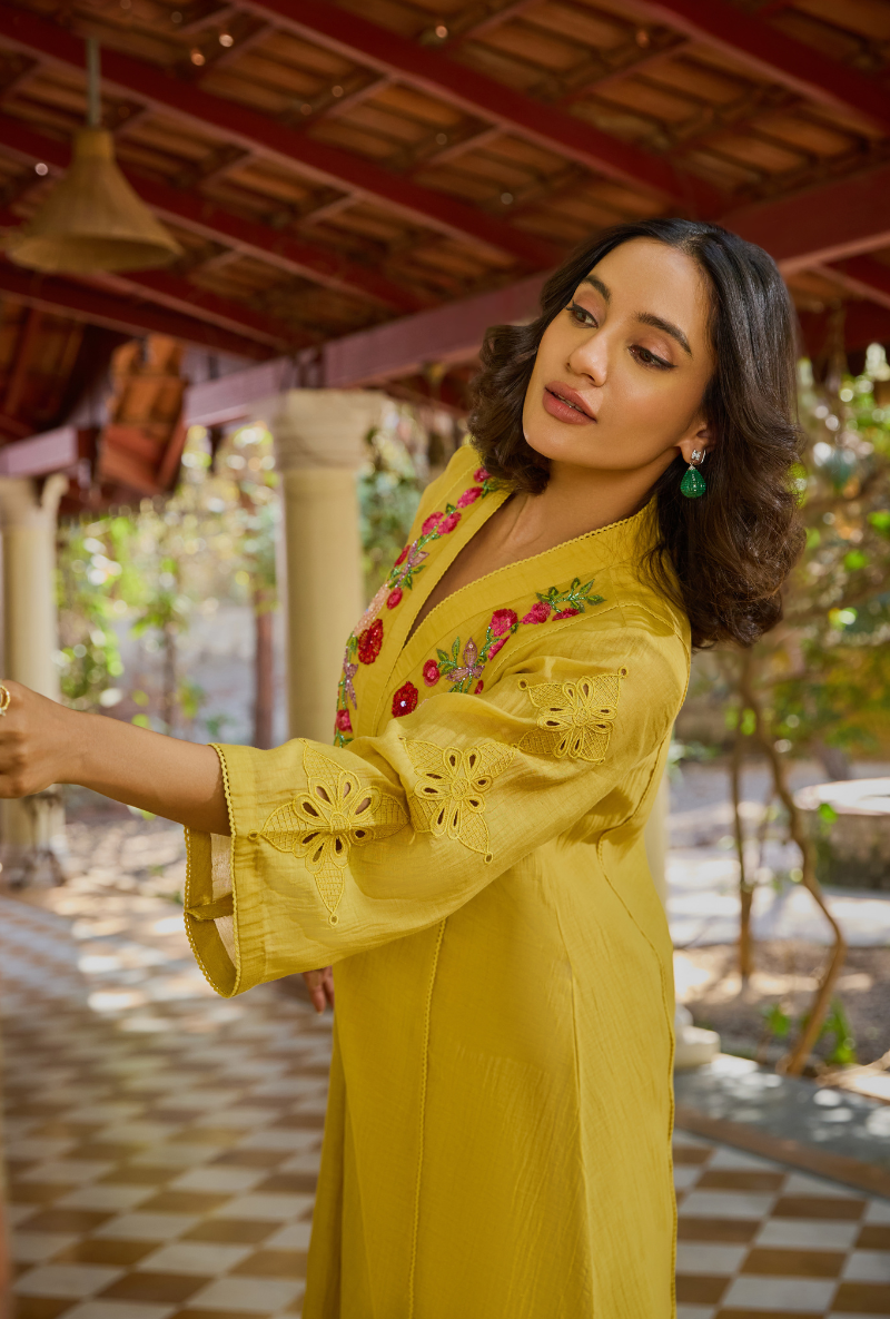 Mustard Overlapping Neckline Anaardana Kurta Set