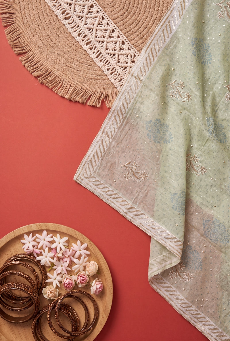 Gota Work Yoke Block Print Unstitched Suit Set