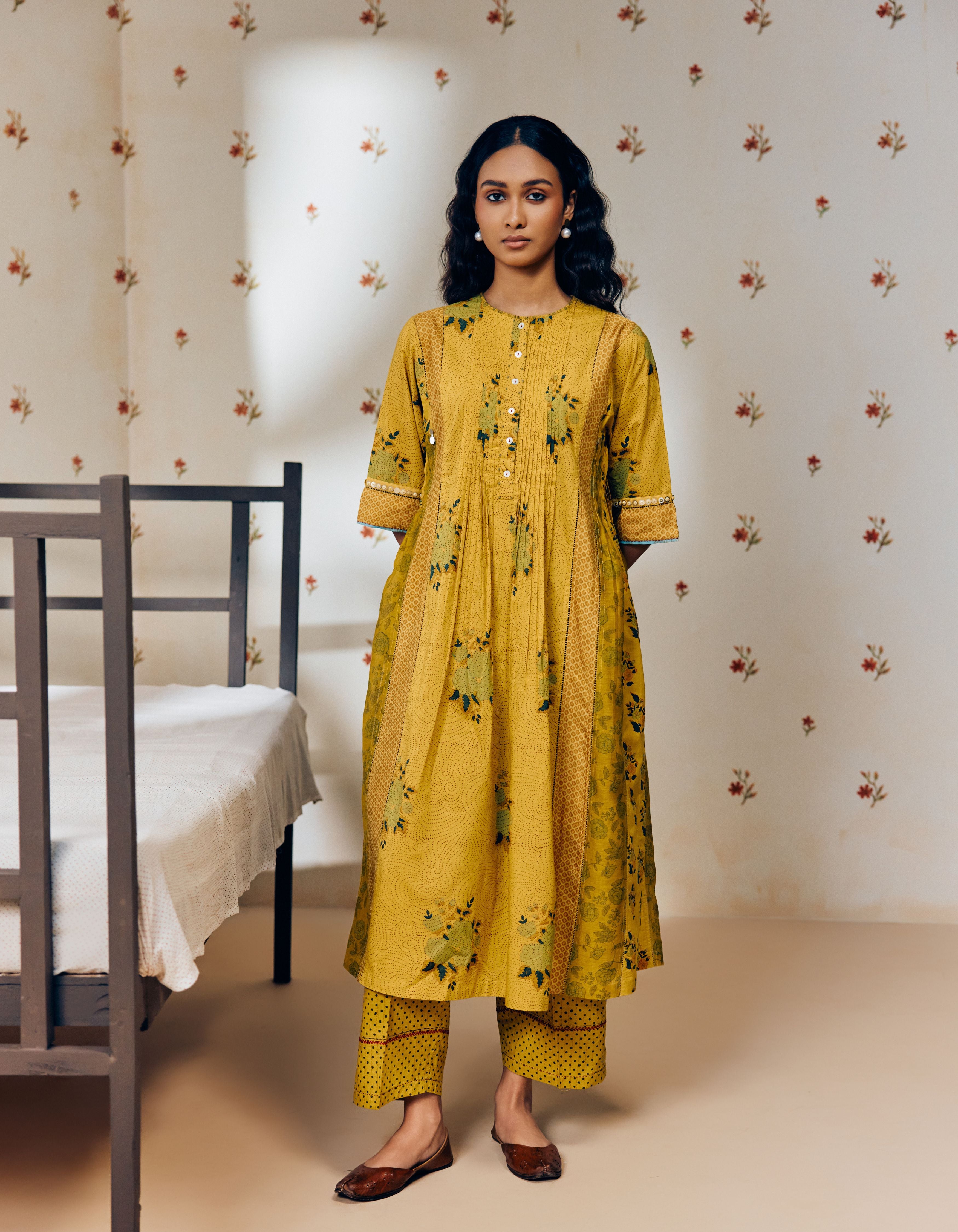 Mustard Front Gathers Hand Block Printed Multi Panel Mia Kurta Set