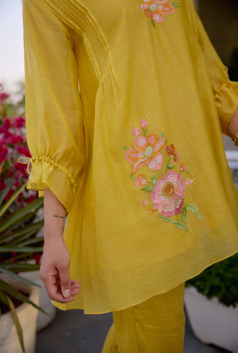 Mustard Floral Embroidered With Pintucks Vaidehi Co-ord Set