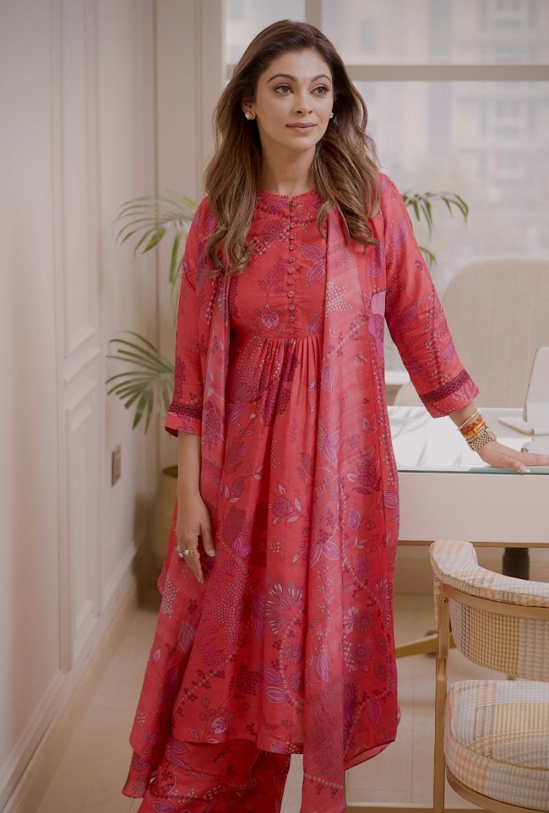 Meghna Nayyar in Tomoato Red Hand Printed Overlay Set