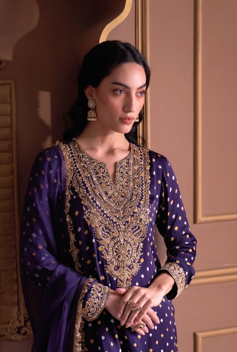 Purple Bandhej Rasia Kurta Set