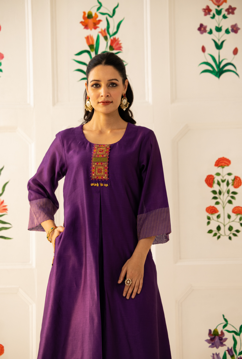 Purple Double Box Pleat Kishmish Kurta Set