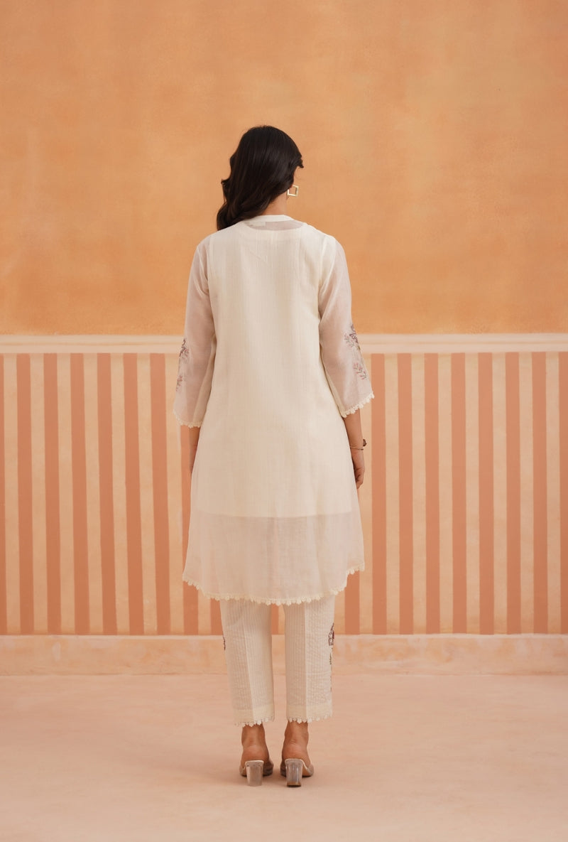 Off White High Low Embroidered Pehar Jacket Set