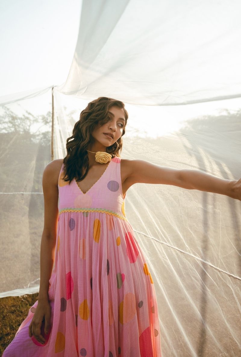 Pink Polka Sleeves Flared Barfi Dress