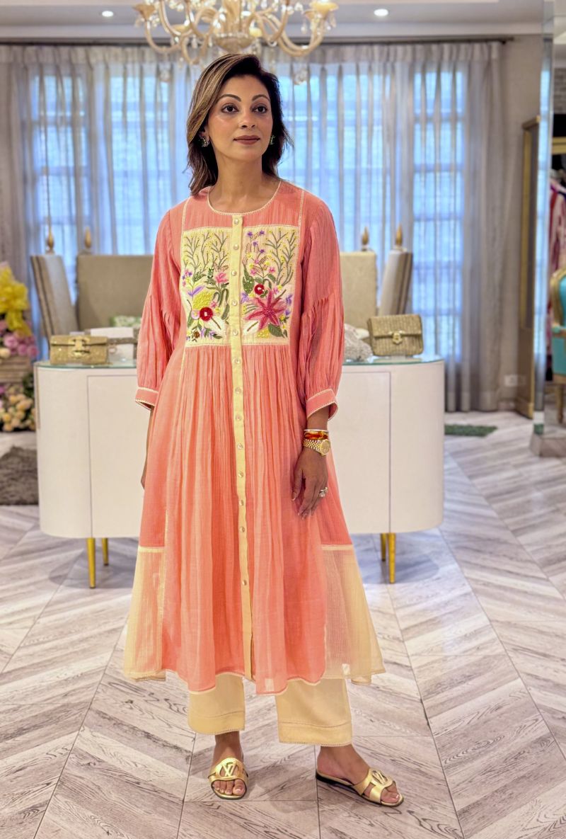 Meghna Nayyar in Peach Embroidered Yoke Jasmine Maple Dress Set