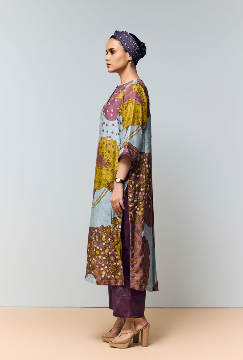 Greyish Blue Hand Printed Kaftan Sleeves  Eden Co-Ord Set