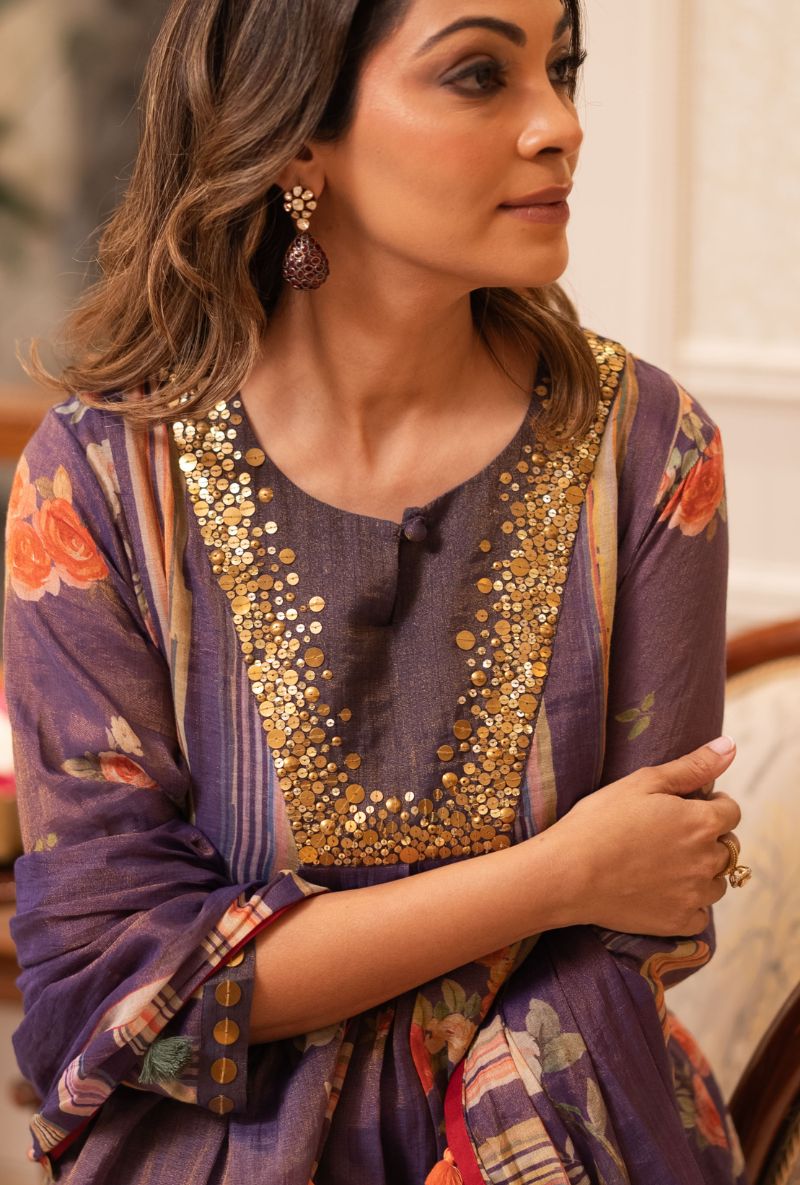 Meghna Nayyar in Purple Sequin Yoke Bageecha Anarkali Set