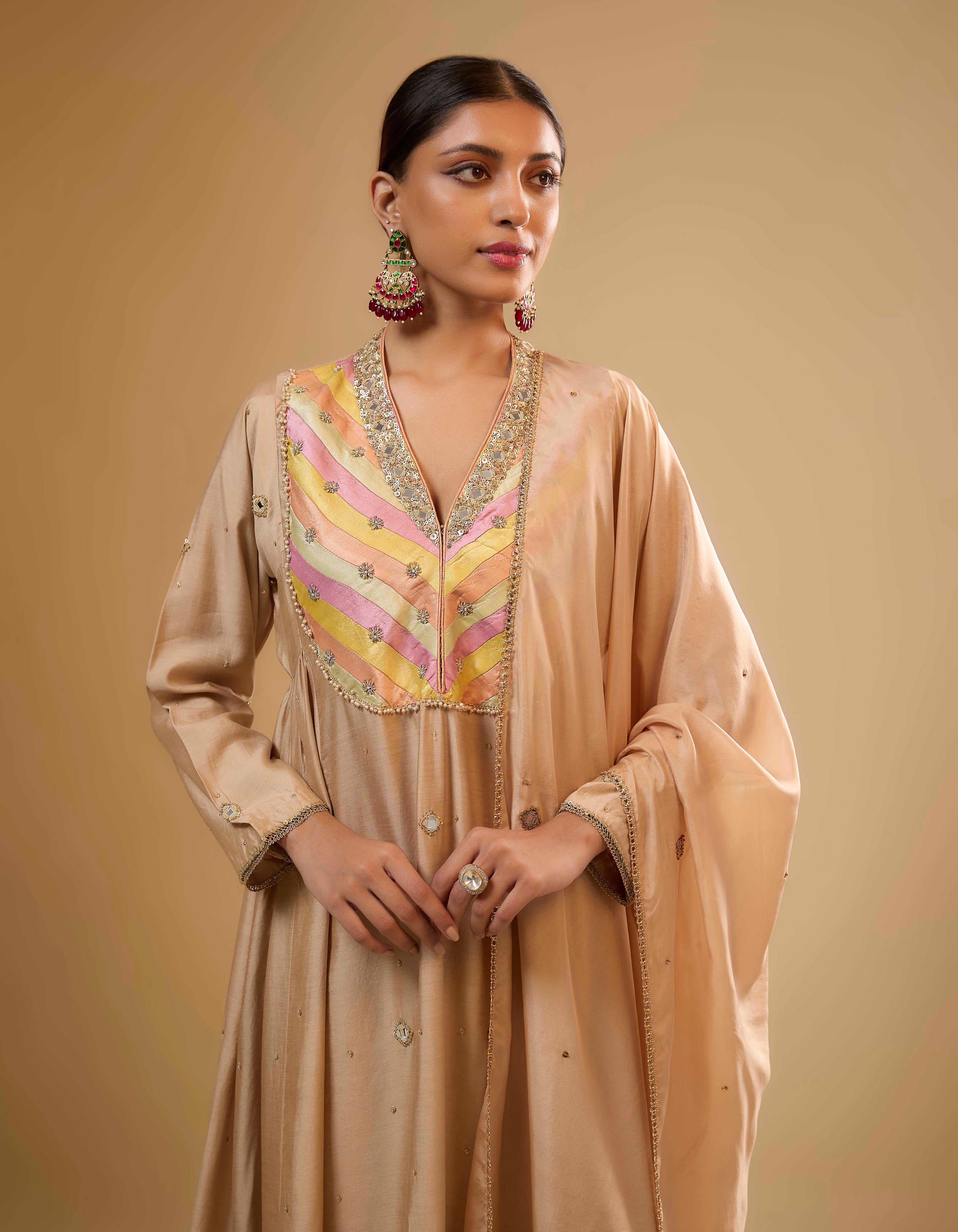 Ivory  Stripe Yoke Rani Kurta Set