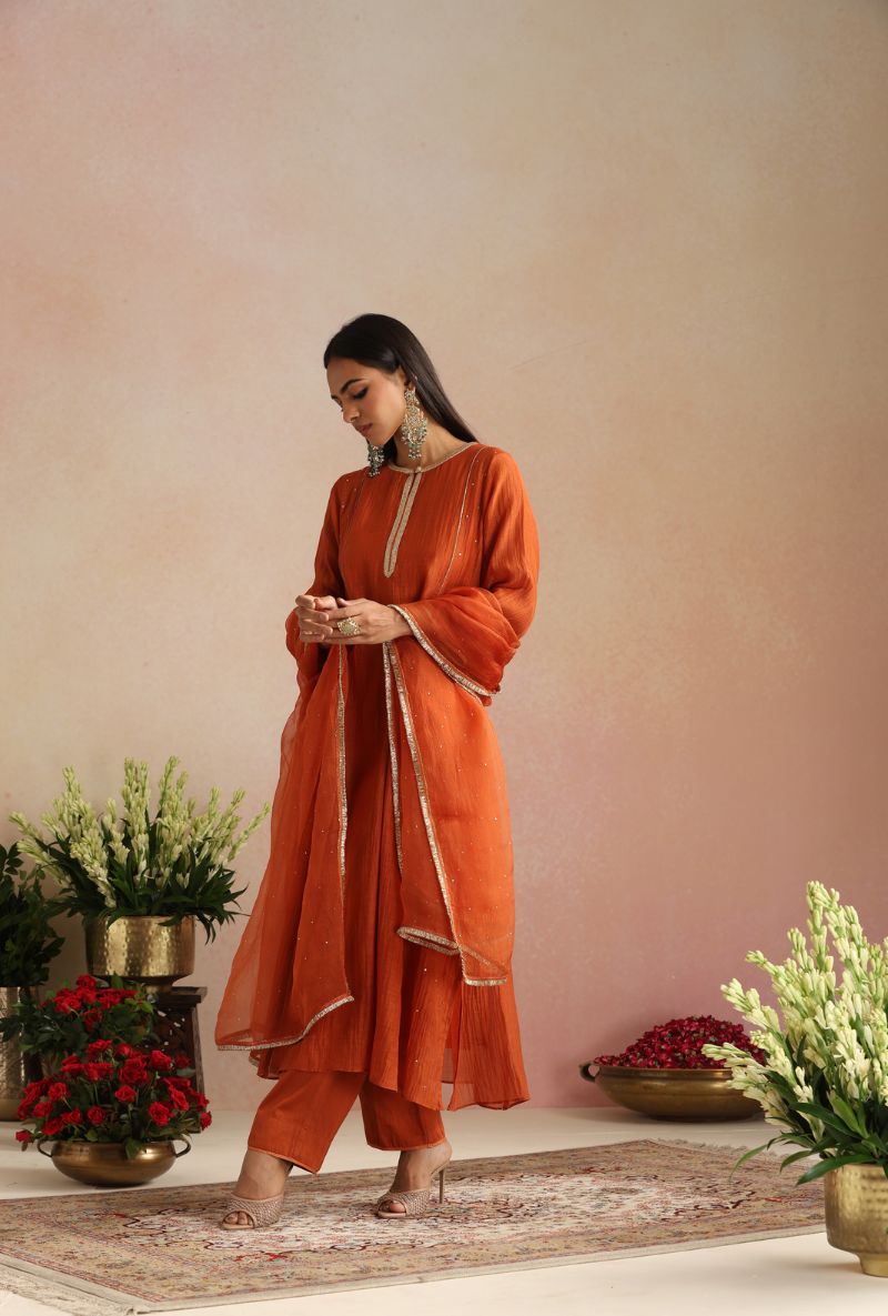 Burnt Orange Cheeta Work Itrh Kurta Set