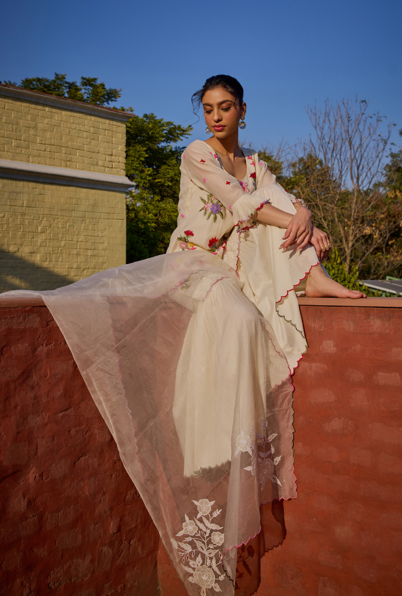 Ivory Hand Embroidery Cut Work Short Kurta Anaardana Gharara Set