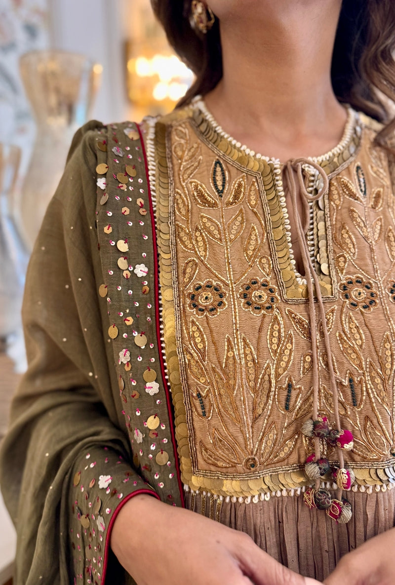 Meghna Nayyar in Beige Heavy Hand Embroidered Yoke Front Gather Anarkali Set