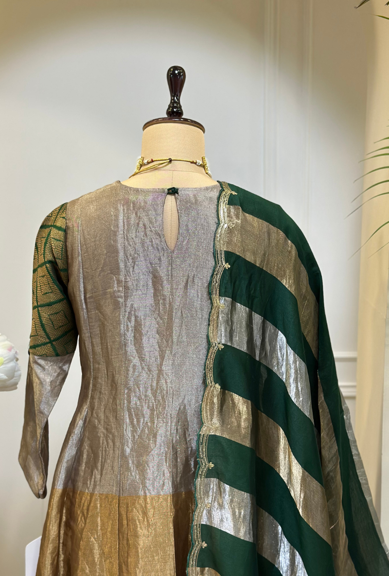 Madhuri Grover in Silver Yoke Tissue Metallic Kainaat Anarkali Set