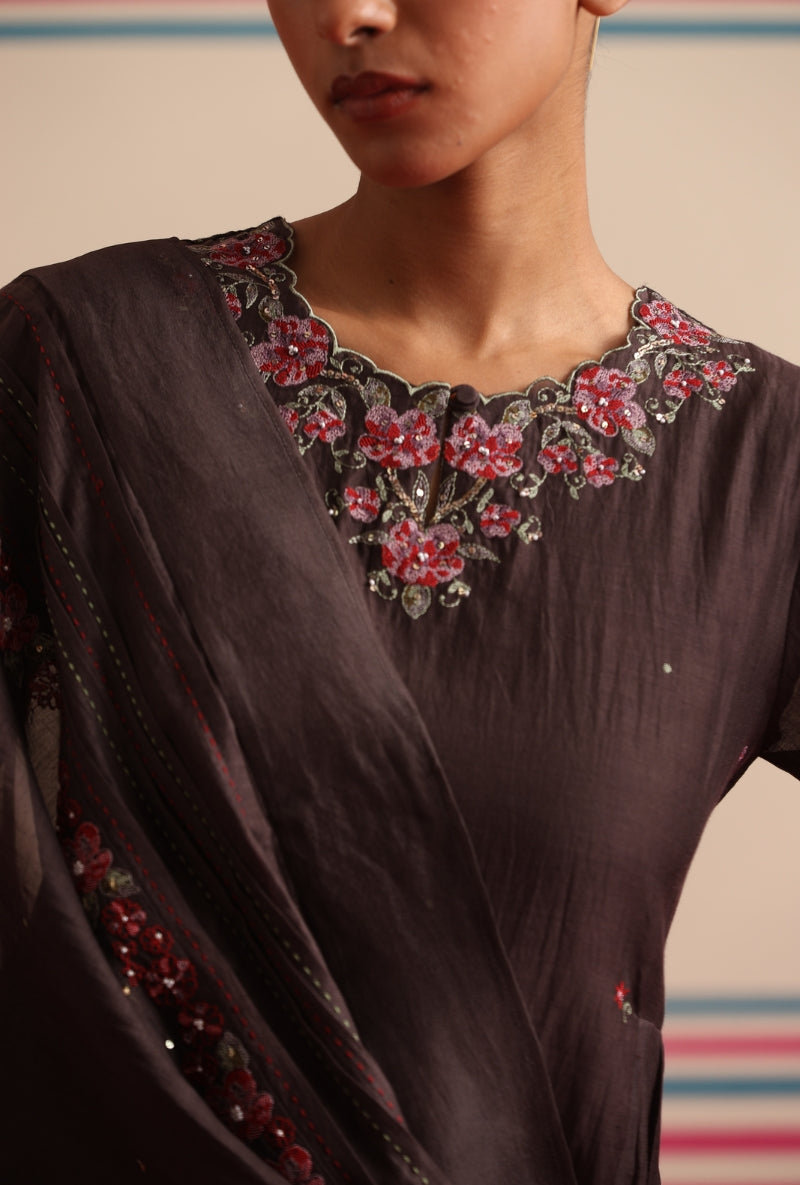 Brown Sequin and Moti  Embrodered Neck Kairi Kurta Set