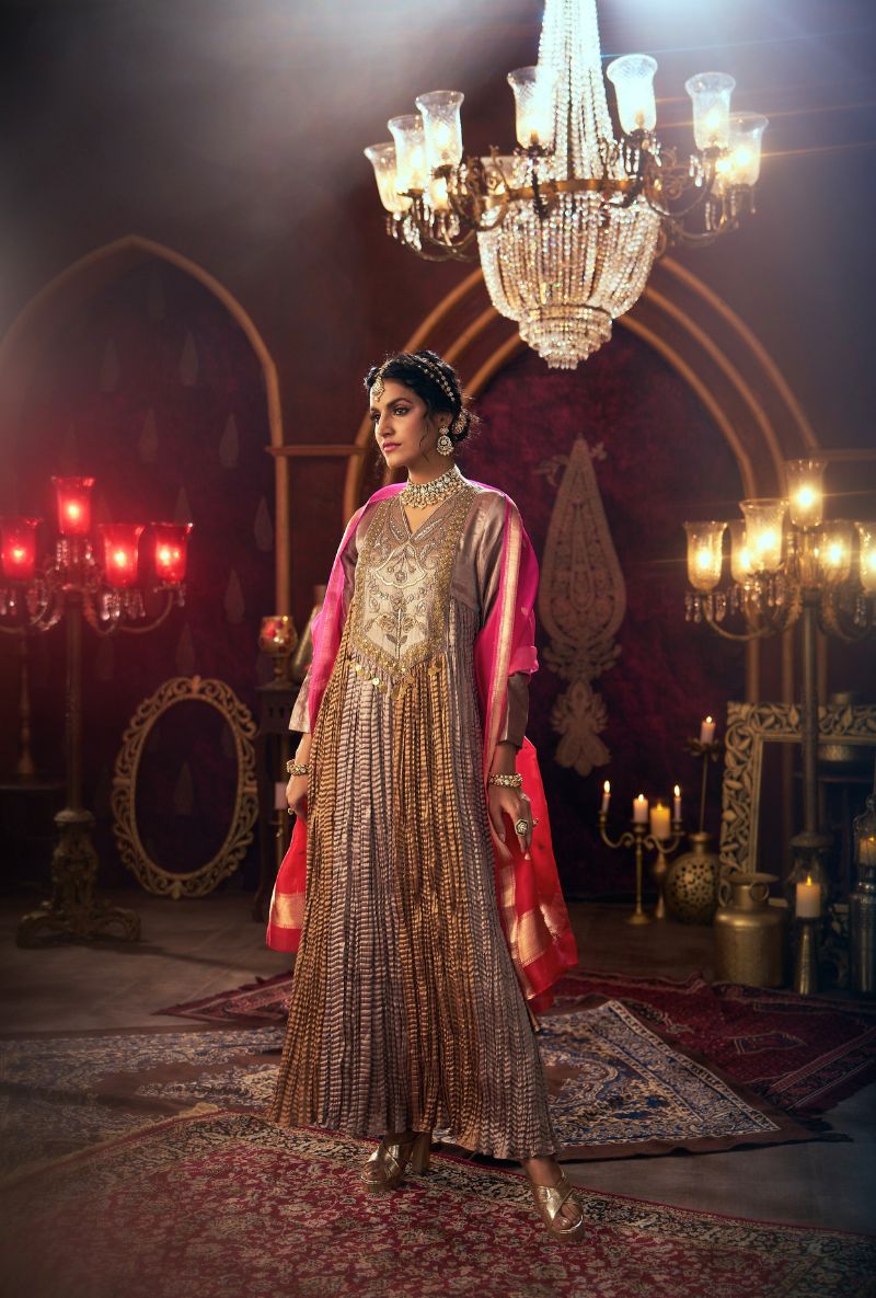 Metallic Pink Crushed Long Yoke Kainaat 2.0 Anarkali Set