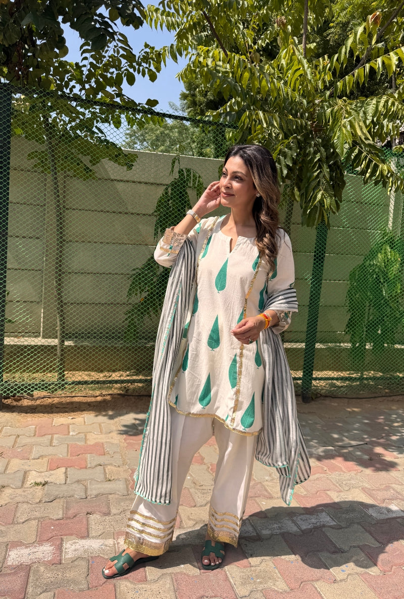Meghna Nayyar in Cypress Leaf Hand Block Print Farshi Set