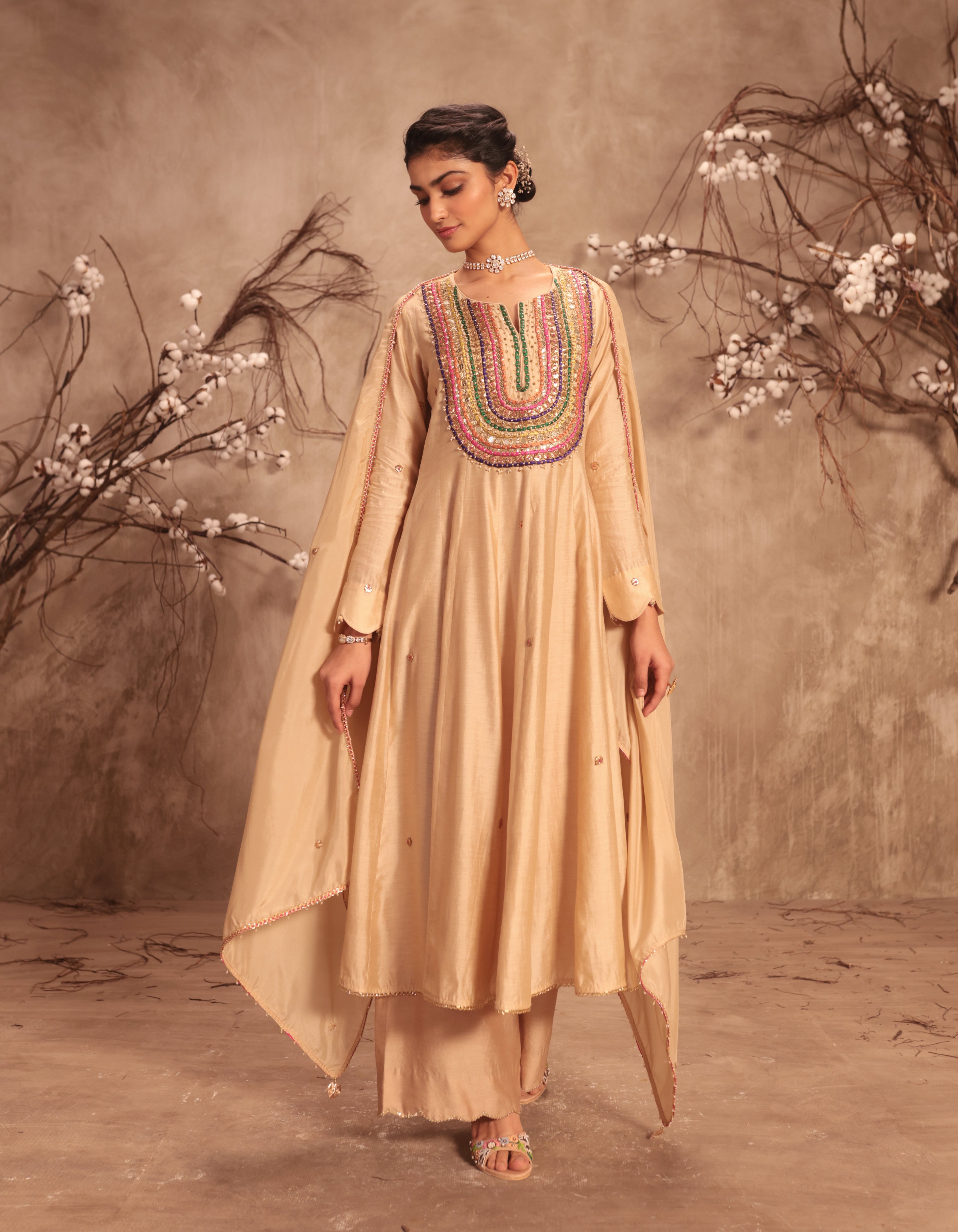 Ivory Multicolour Yoke Rani Anarkali Set