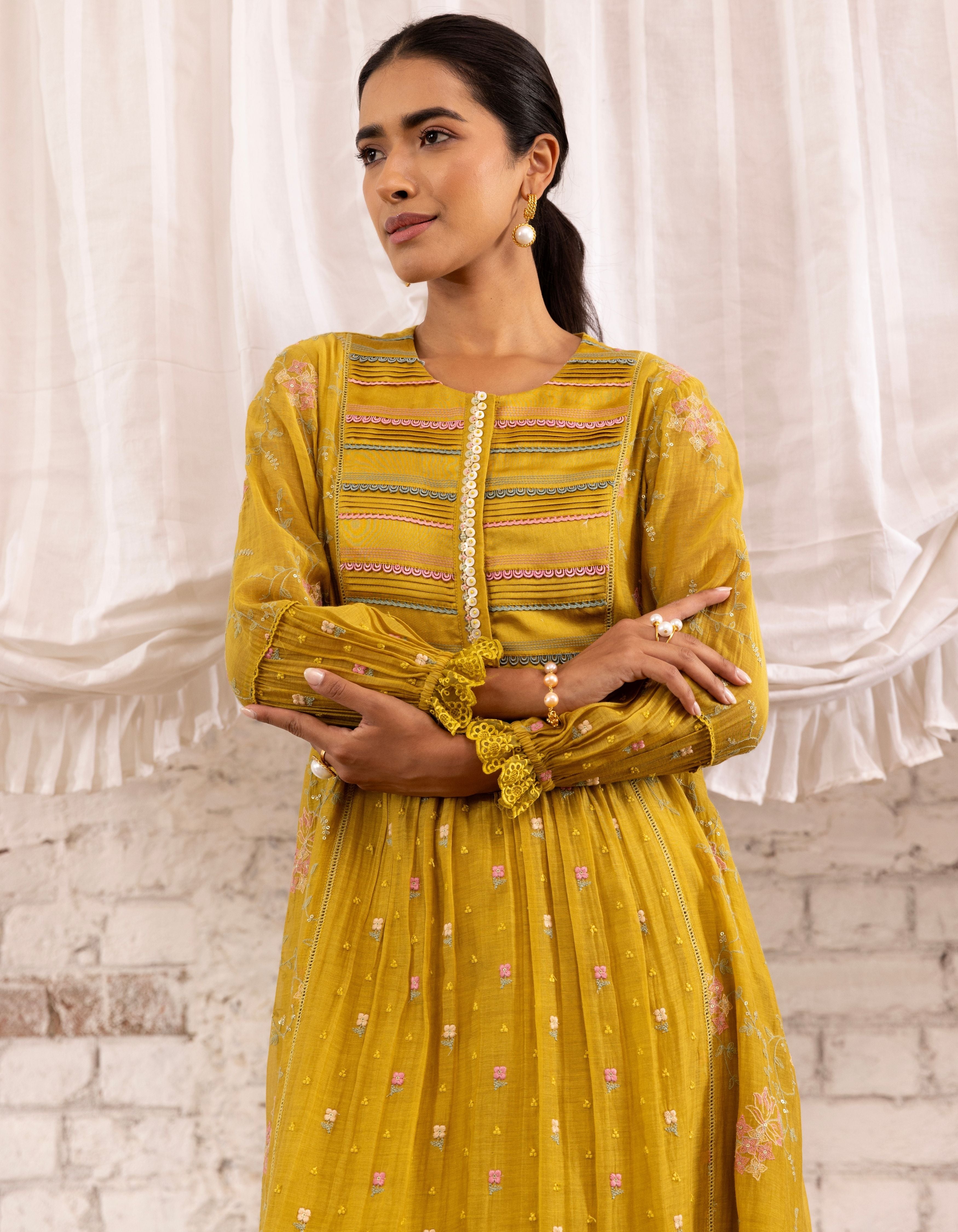 Mustard Threadwork Long Yoke Noor Kurta Set