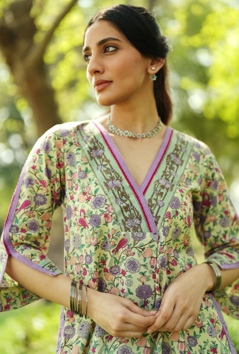 Lime Green V-Neck Box Pleated Gulmohar Kurta Set