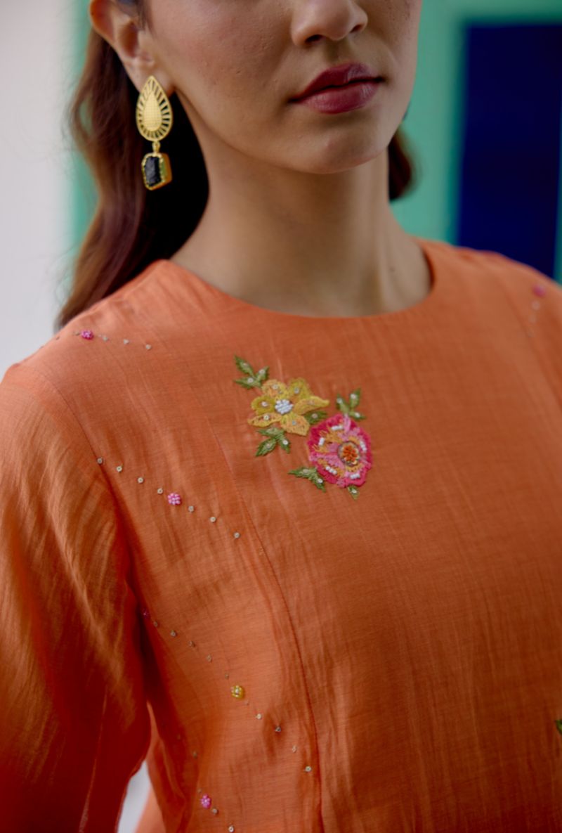 Orange Floral Embroidered Side Gather Vaidehi Kurta Set
