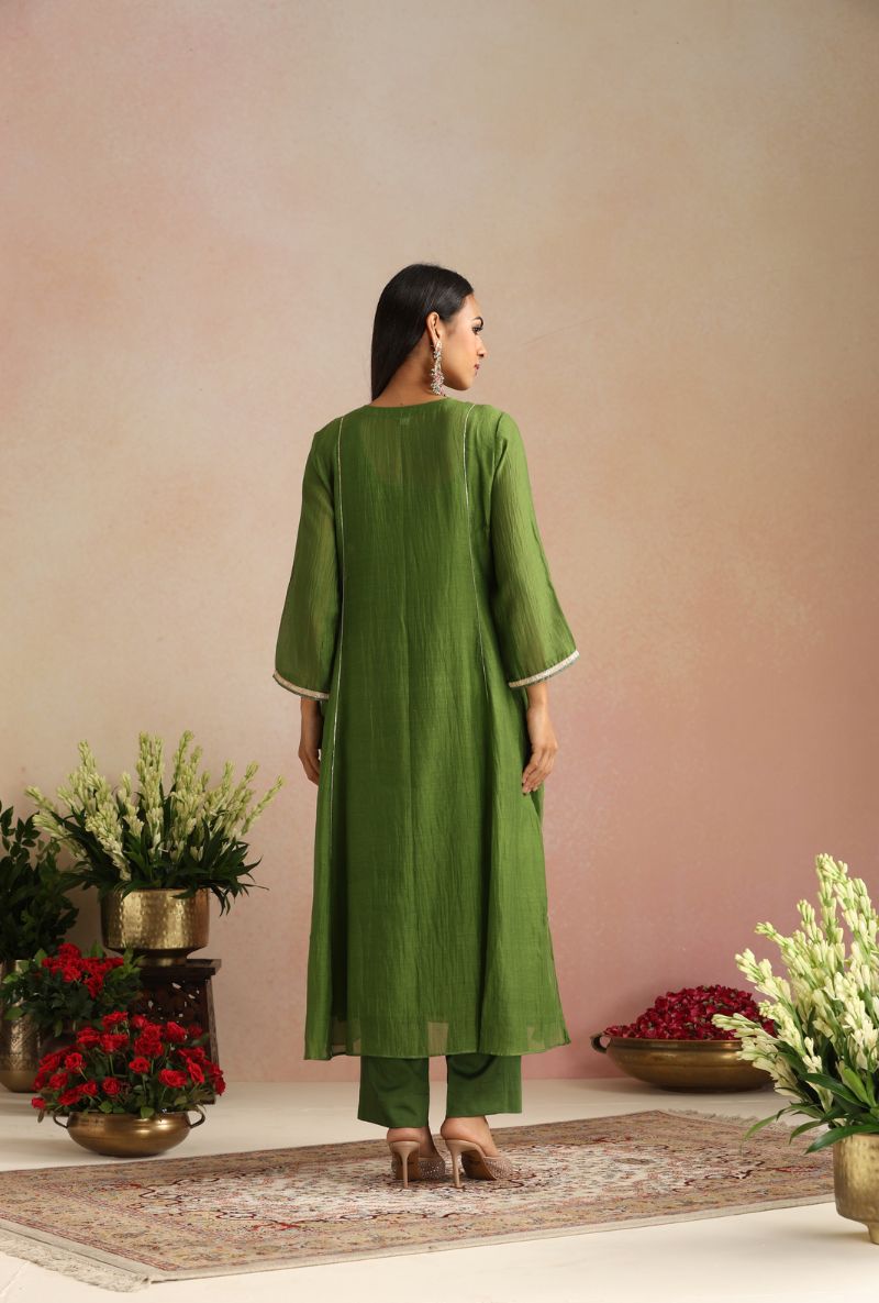 Olive Green Cheeta Work Itrh Kurta Set