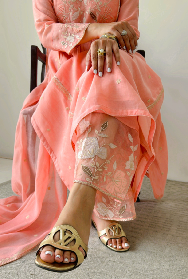 Meghna Nayyar in Peach Applique Yoke Nazam Kurta Set