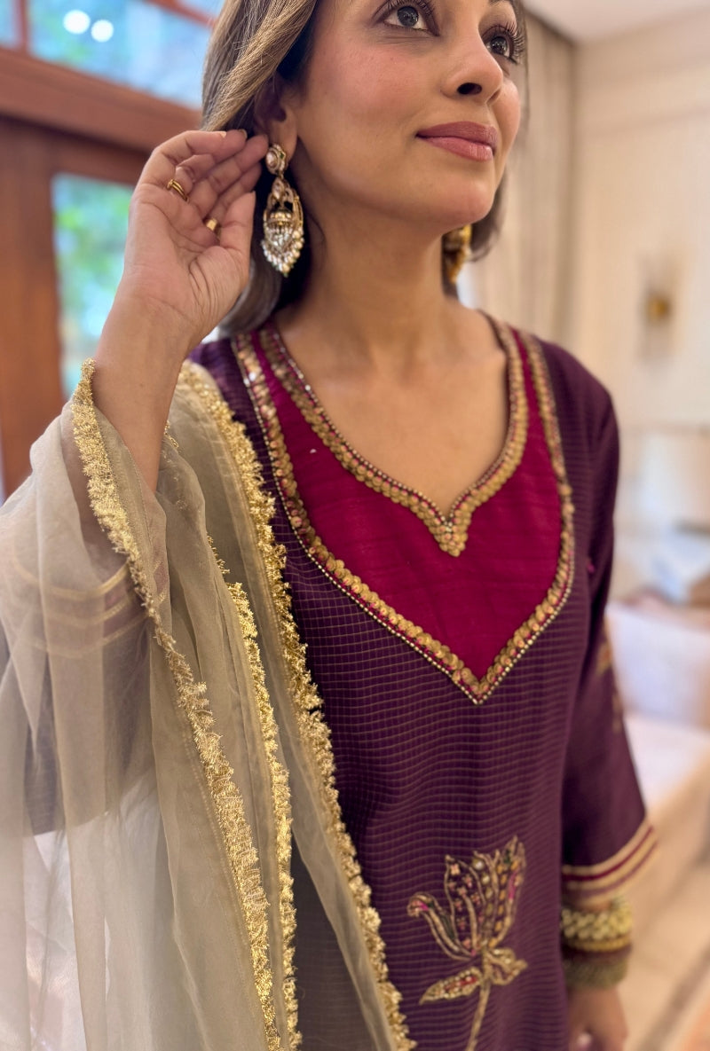 Meghna Nayyar in Purple Hand Embroidered Neck Farshi Set