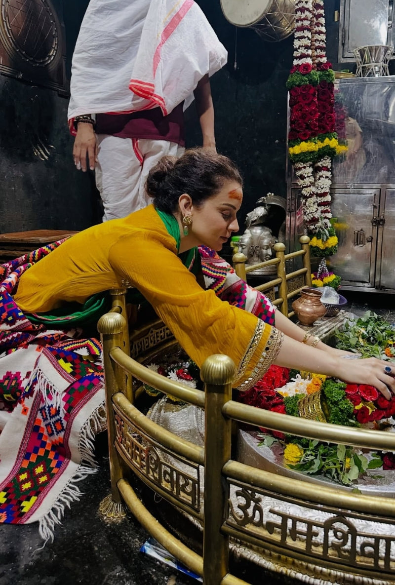 Kangna Ranaut in Mustard Contrast Neck Morbagh Kurta Set