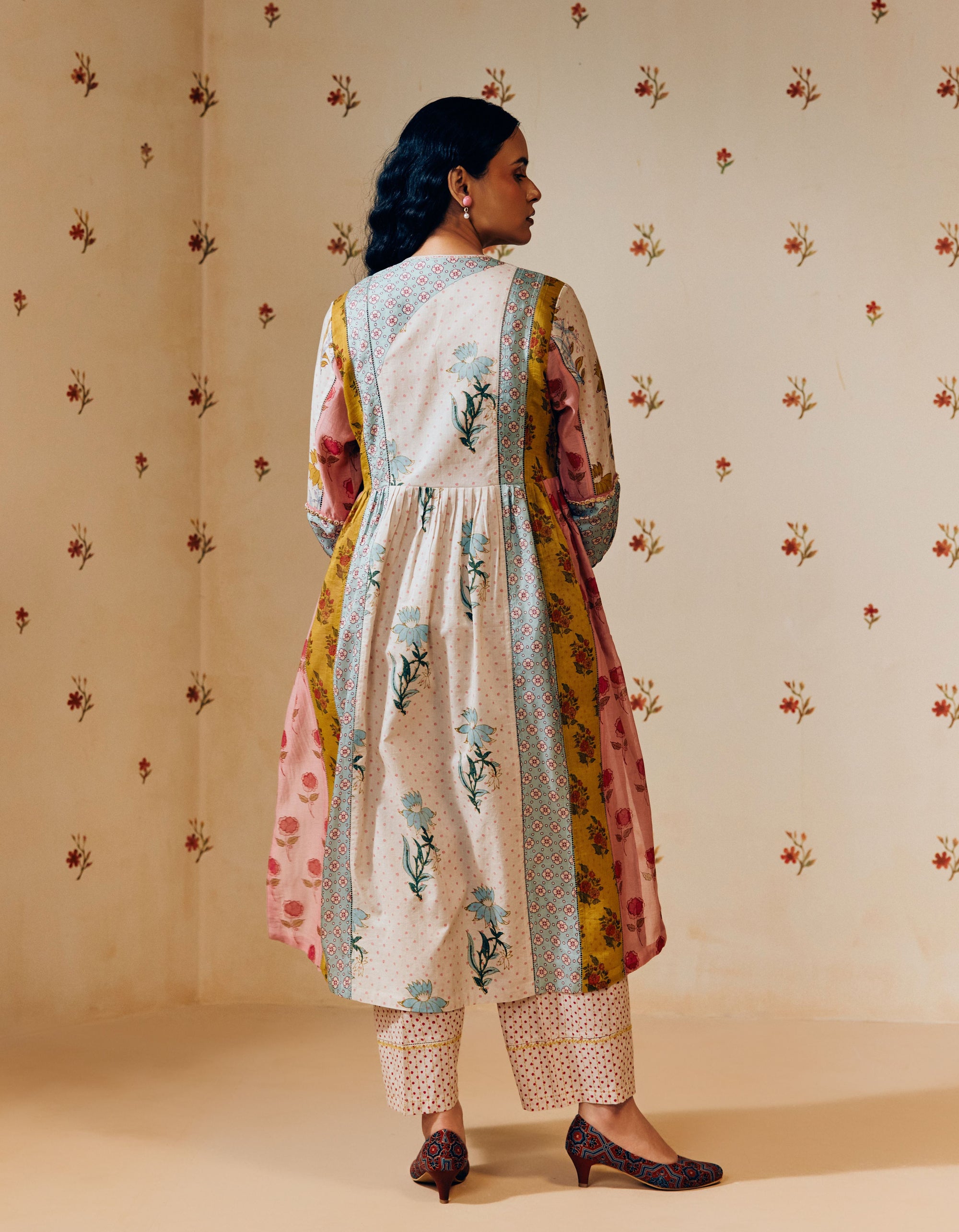 Multi Colour V- Neck Hand Block Printed Multi Panel Mia Kurta Set