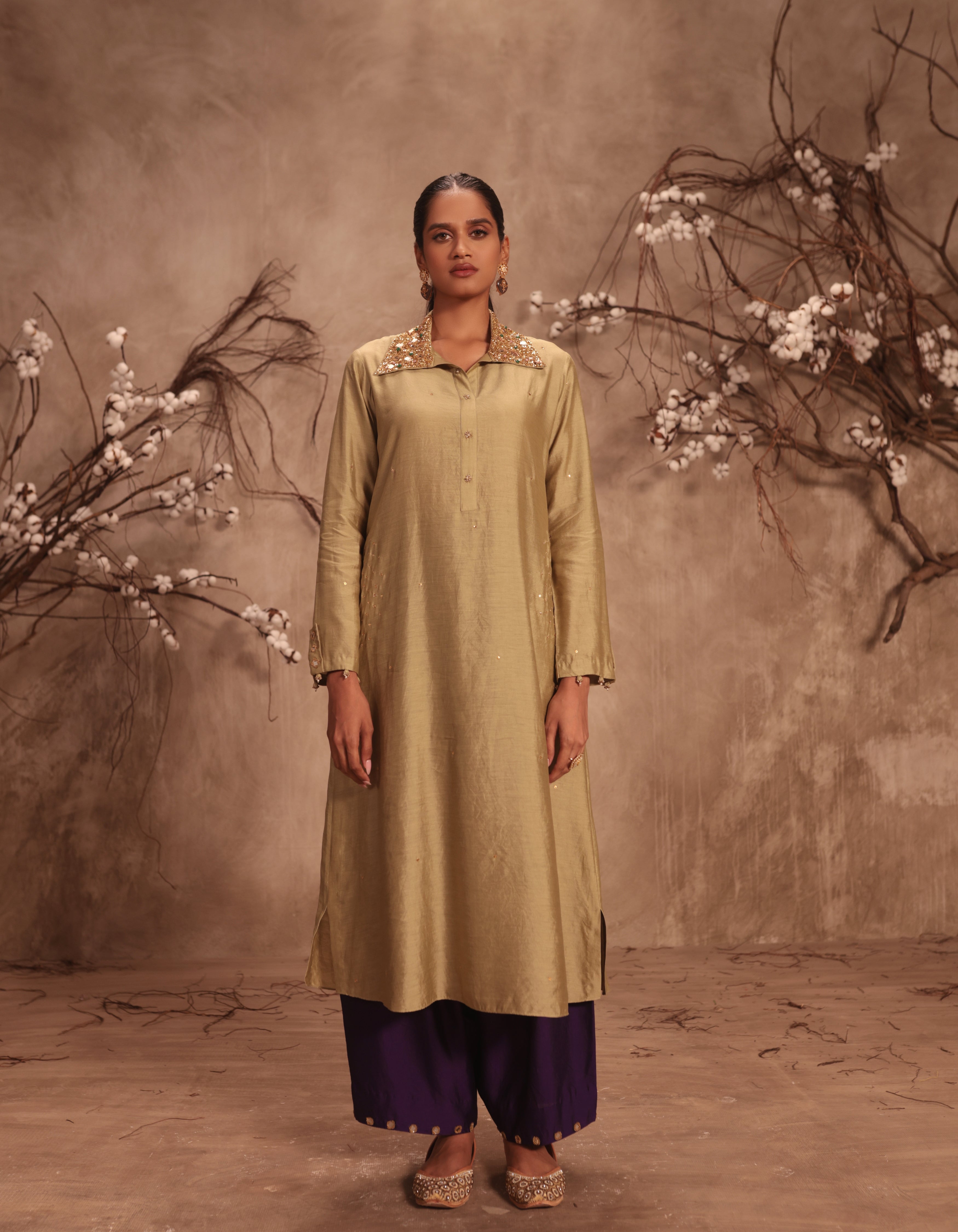 Light Green Heavy Collar Rani Kurta Set