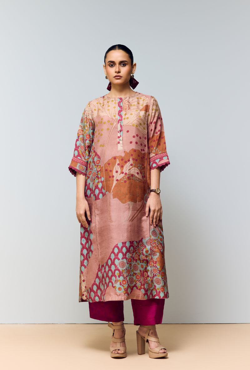 Magenta Pink Hand Printed Kaftan Sleeves Eden Co-Ord Set