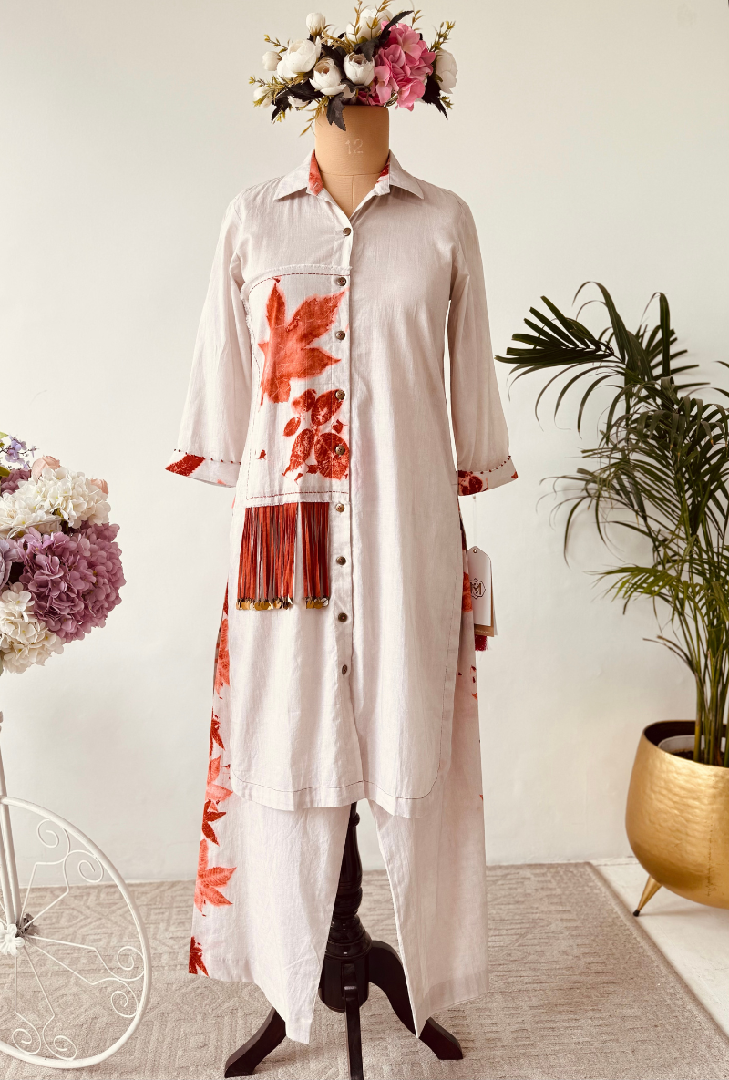 Beige Orange Eco Print Co-ord Set