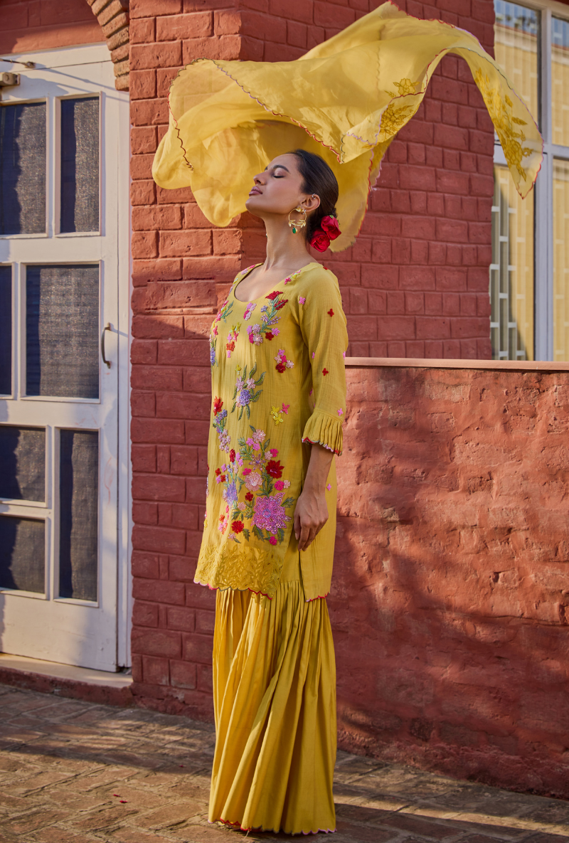 Mustard Hand Embroidery Cut Work Short Kurta Anaardana Gharara Set