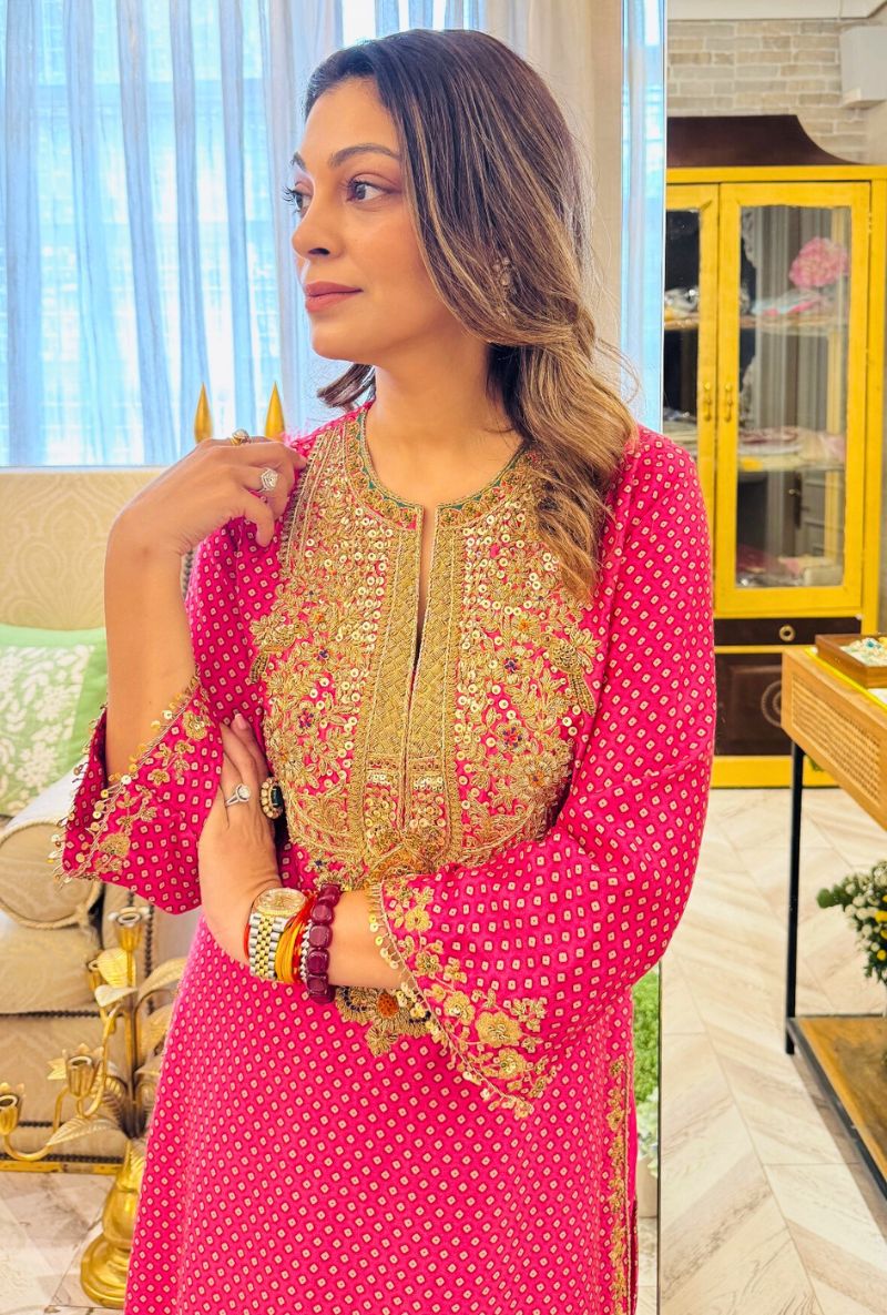 Meghna Nayyar in Pink Printed Pakhi Yoke Heavy Straight Kurta Set