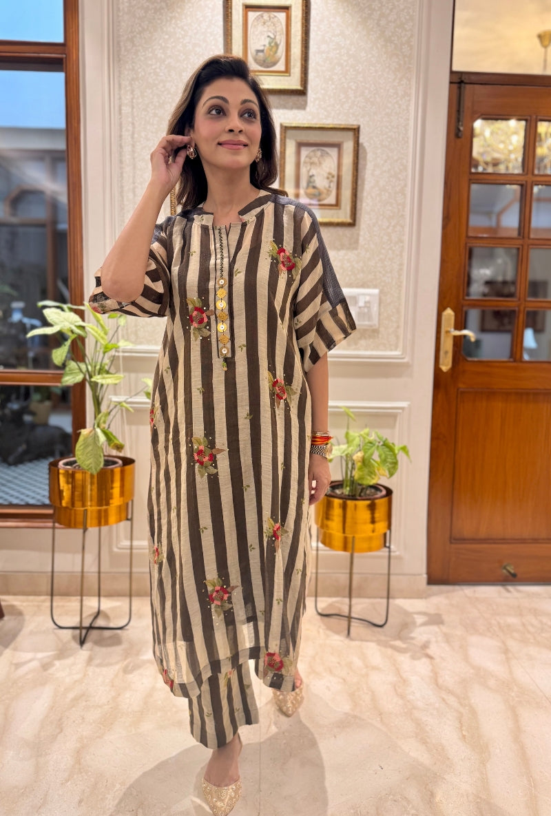 Meghna Nayyar in Brown Stripes Thread Work Co-ord Set