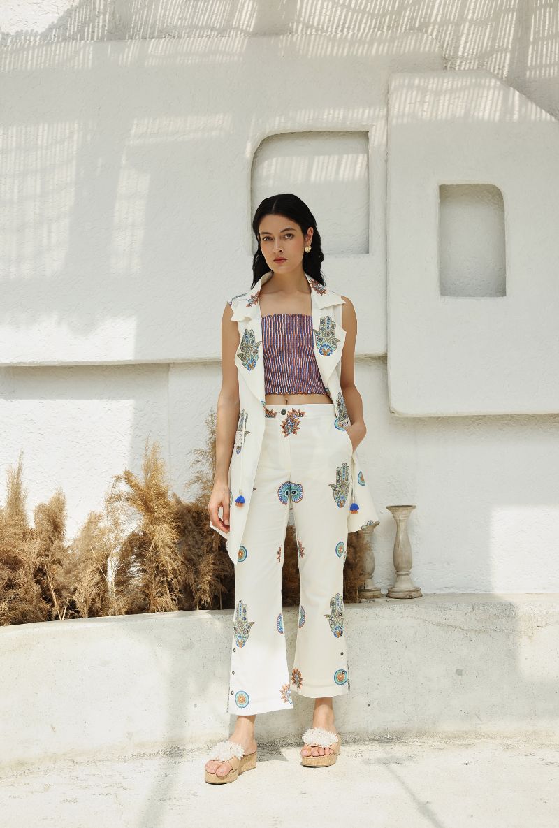 Ivory Hamza Print Gaze Jacket Set