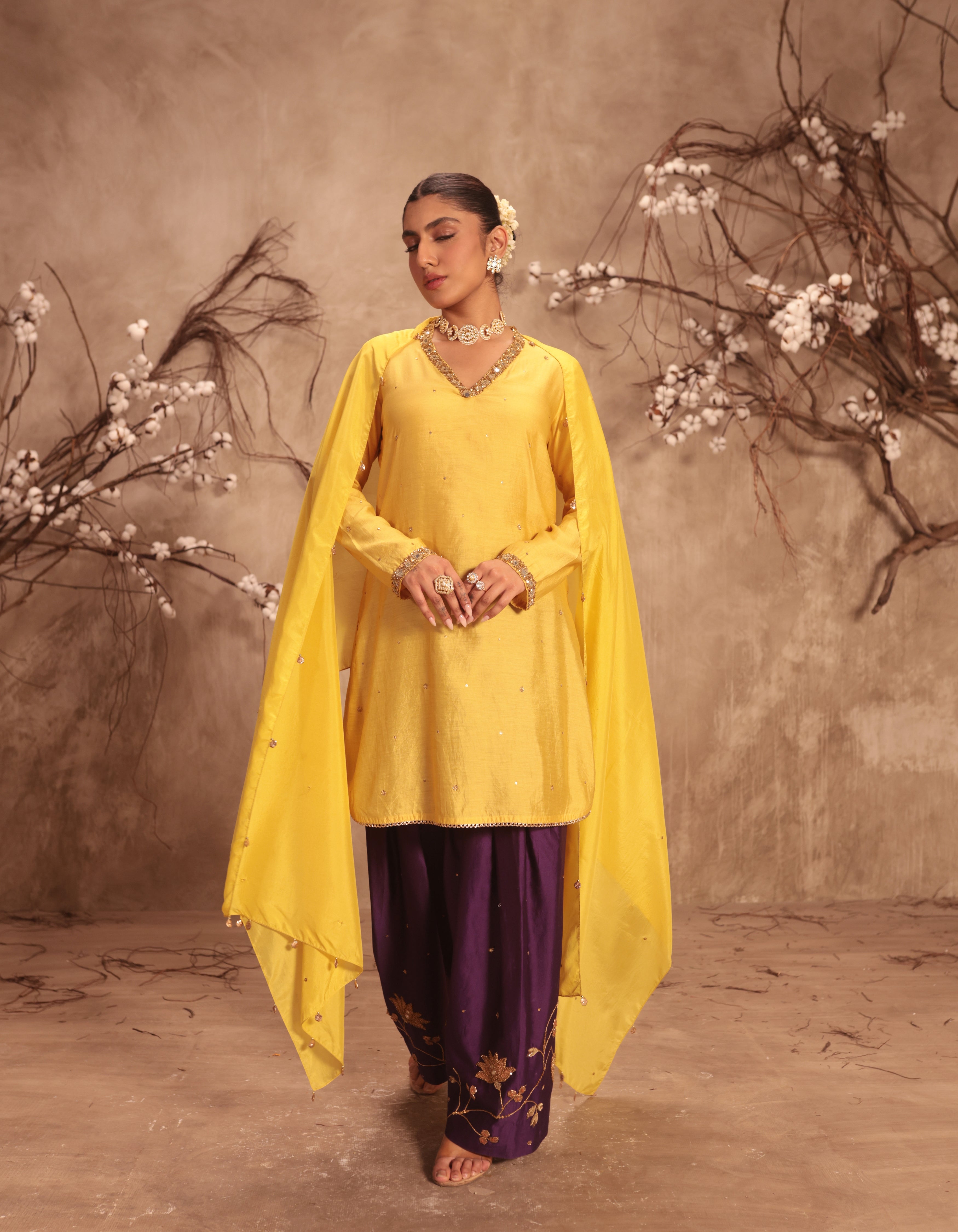 Yellow Jaal Rani Kurta Set