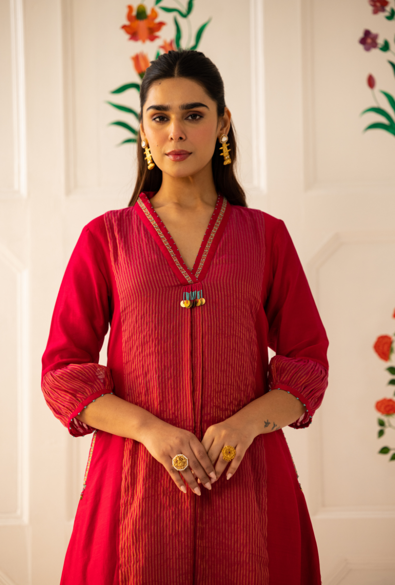 Pink High Collar Kishmish Kurta Set