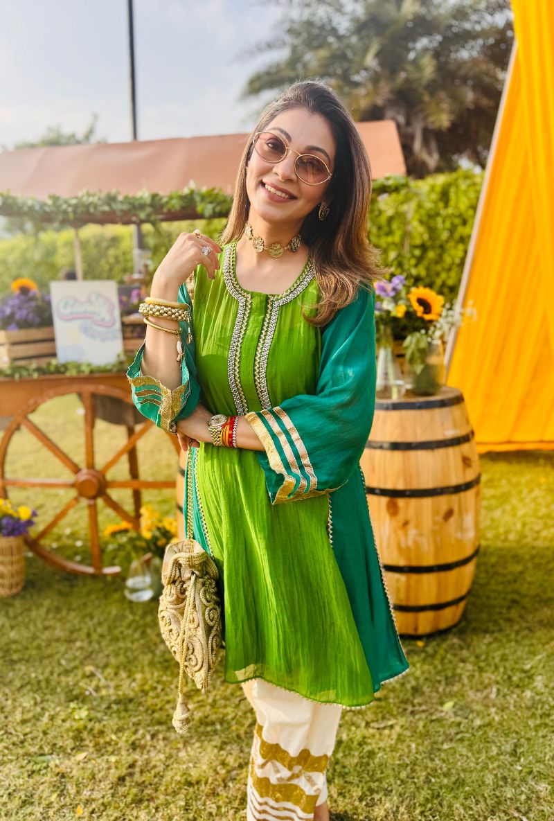 Meghna Nayyar in Green Choga Style Salwar Set