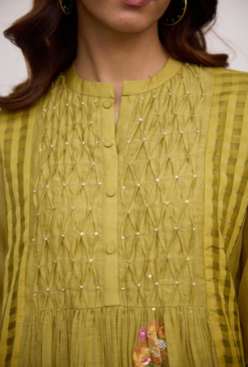 Green Smocked Yoke With Sequin Vaidehi Kurta Set