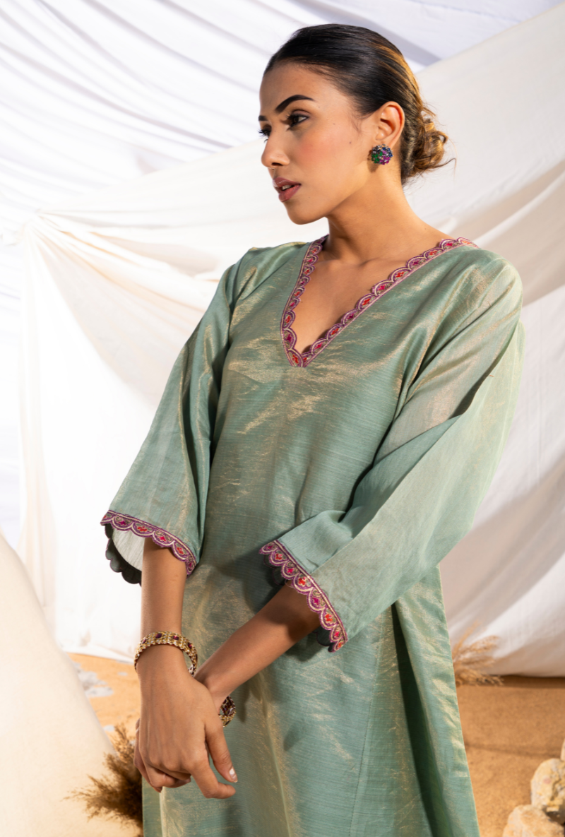 Sage Green Handloom Cotton Zari Tissue Embroidered Kiara Kurta Set