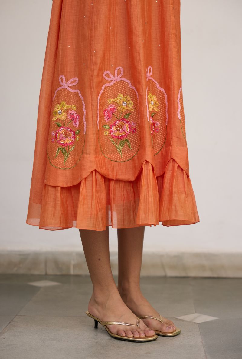 Orange Floral Embroidered with Applique Vaidehi Dress