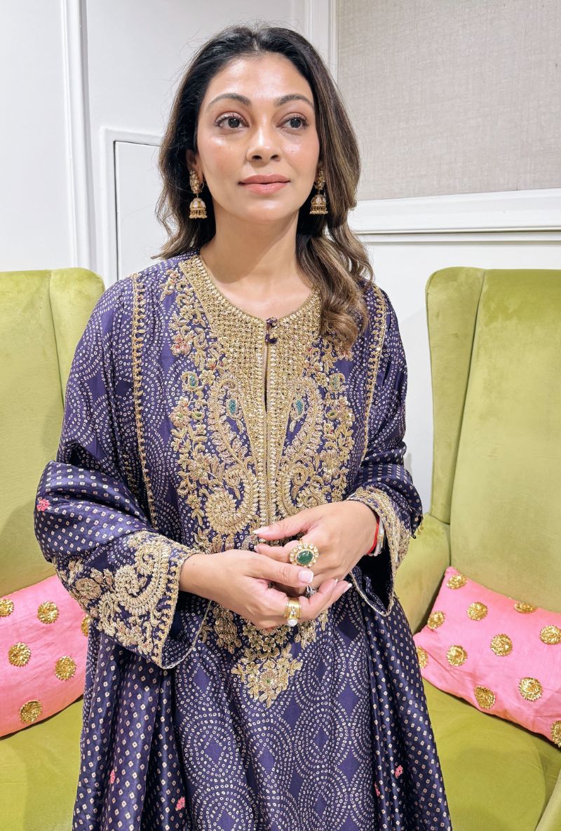 Meghna Nayyar in Purple Printed Pheran Short Kurta Set