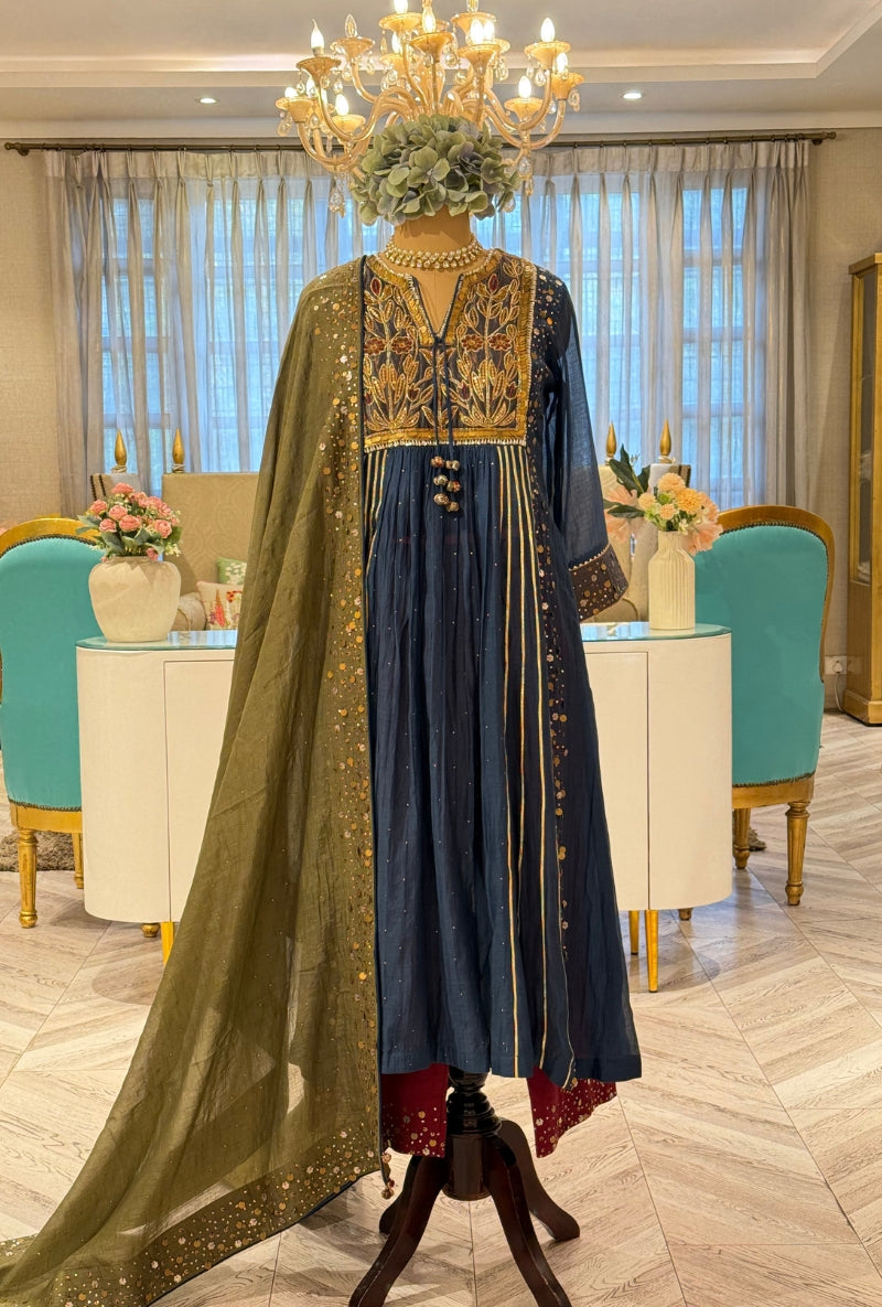 Blue Heavy Hand Embroidered Yoke Front Gather Anarkali Set