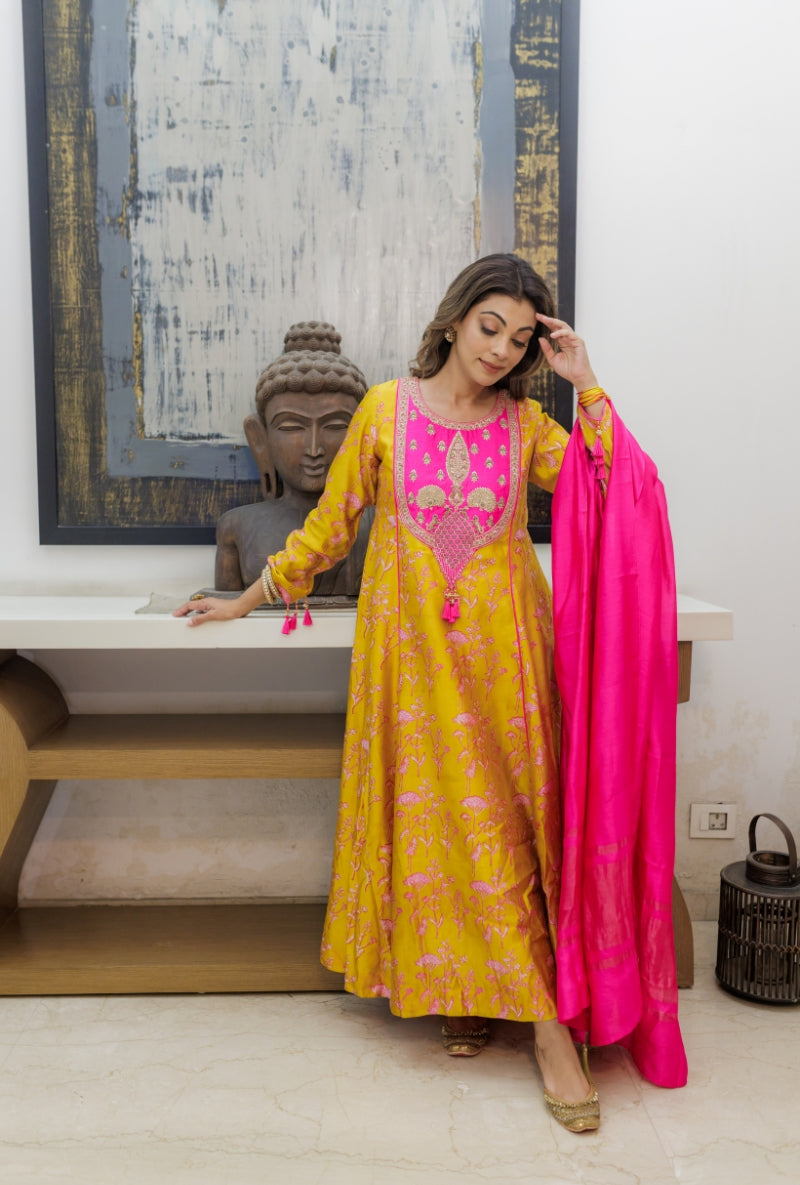 Meghna Nayyar in Mustard Heavy Yoke Block Print Kurta Set