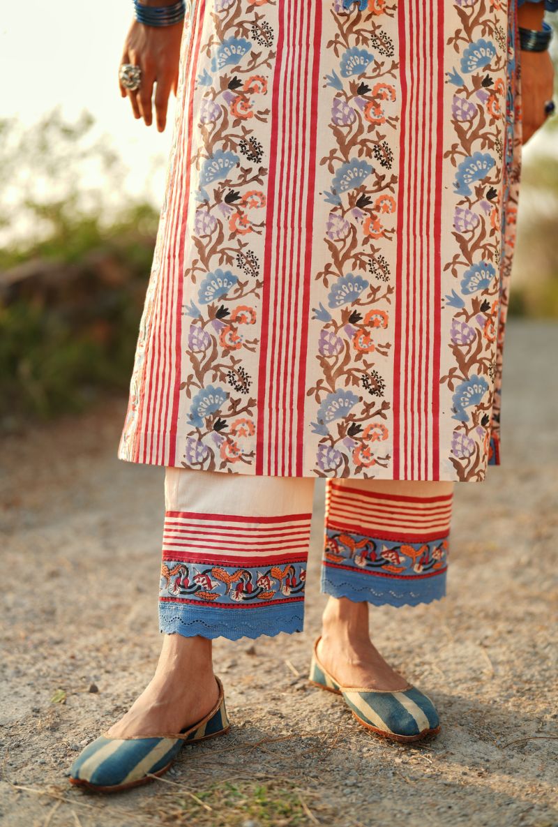 Pink Handblock Stripe Print Gulmohar Kurta Set